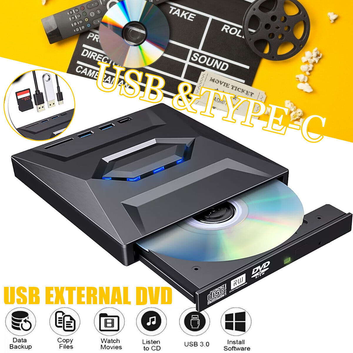 External CD DVD Drive USB 3.0 Writer Burner Player for PC Laptop Windows 11 10 A