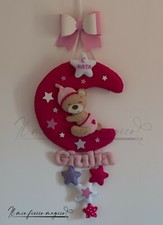 Fiocco Nascita coccarda personalizzato con nome rosa bimba orsetto sulla luna 