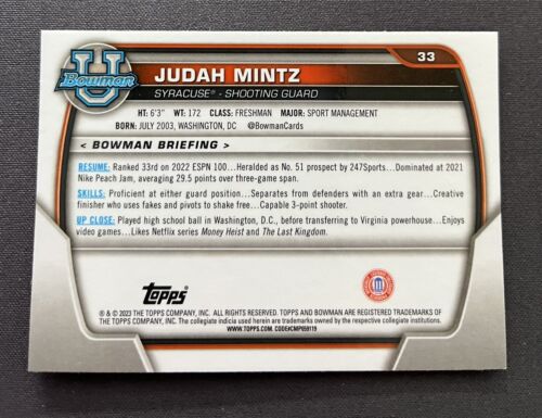 2023 Bowman U Judah Mintz Pink Refractor 1st Bowman #33 Syracuse - Picture 2 of 2