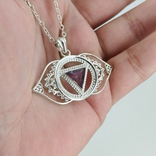Natural Amethyst 925 Sterling Silver Ajna Chakra Pendant Chain Necklace - Picture 8 of 10