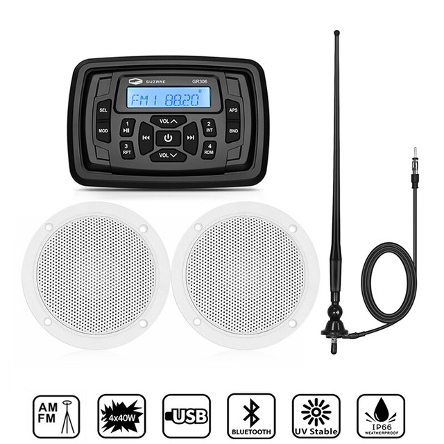 Marine Radio Stereo Bluetooth w/ 4" Waterproof Speakers and Antenna for ATV UTV Marine Radio Stereo Bluetooth w/ 4" Waterproof Speakers and Antenna for ATV UTV