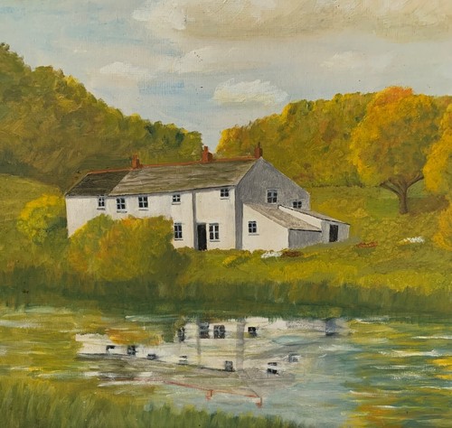 VINTAGE LANDSCAPE OIL PAINTING HOUSE BY RIVER FIELDS CORNWALL SIGNED R CHARLES - Picture 8 of 24
