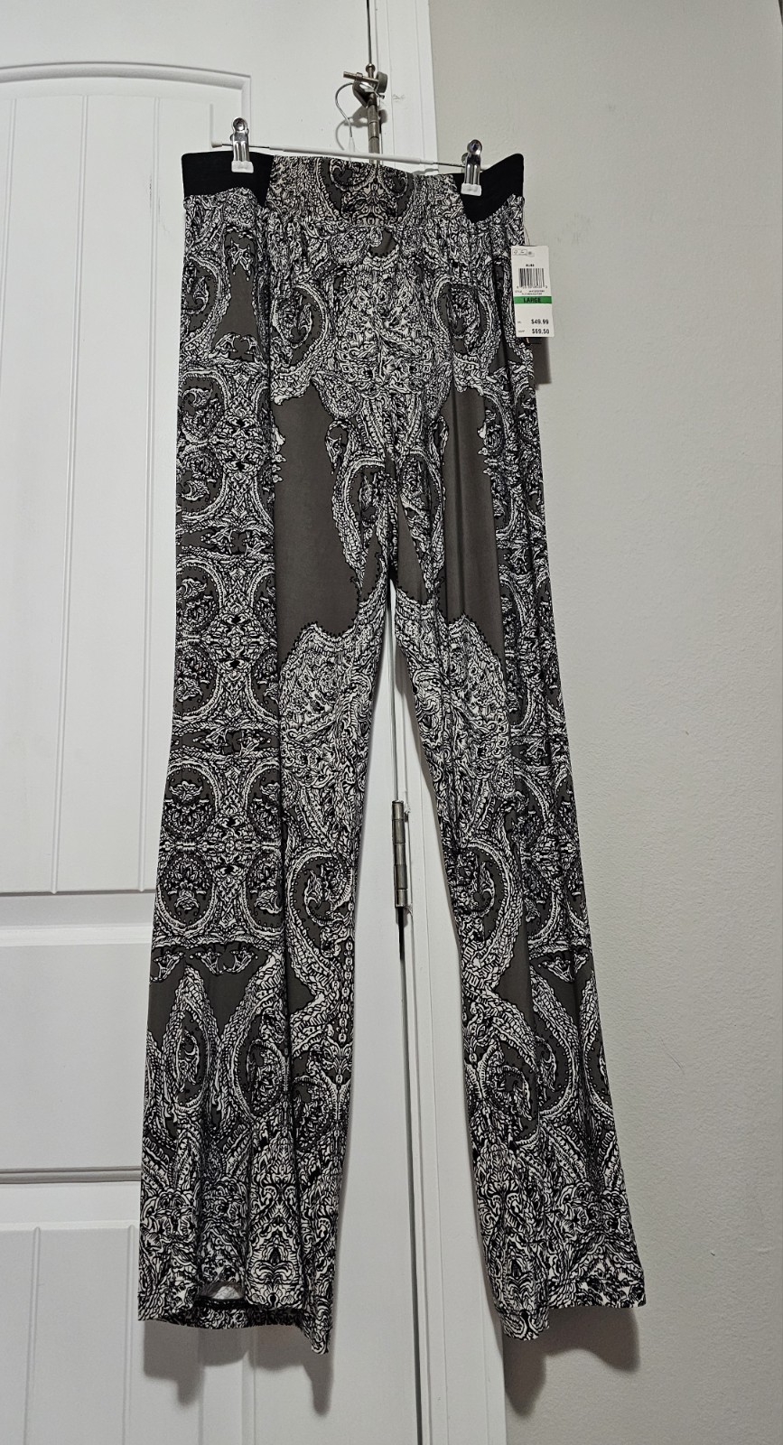 INC International Concepts Gray Paisley Wide-Leg Pants Women's Elastic Waist
