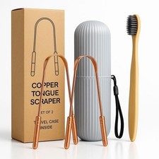 Copperholic Tongue Scraper Set(2 Pack)–Pure Copper Cleaner Kit with Bamboo To...