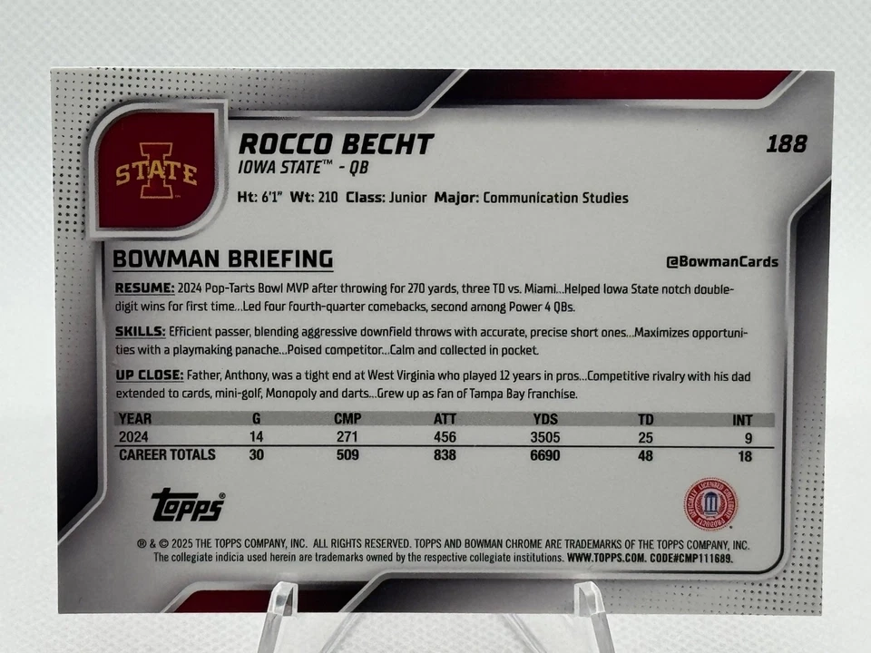 Rocco Becht 2025 Bowman Chrome U #188 - True Fuchsia Refractor /225 Iowa State - Image 3 of 3