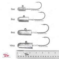 3oz 6oz 8oz 10oz Fishing Bullet Jig Head 8/0 10/0 MUSTAD Hook 32786 Nickel New