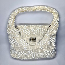 Vintage Hong Kong Hand Beaded Evening Bag Cream White Faux Pearl 10 x 10 Prom