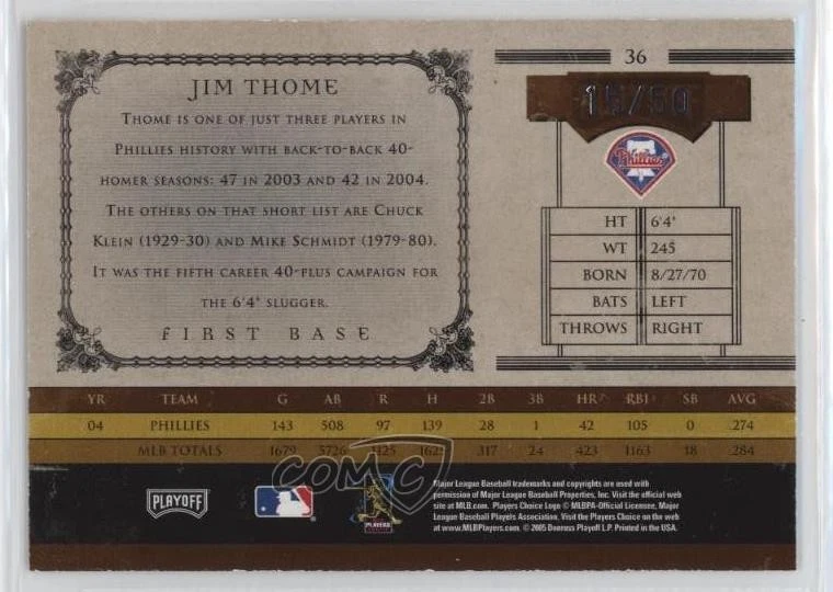 2005 Playoff Prime Cuts Century Silver /50 Jim Thome #36 HOF - Image 2 of 2