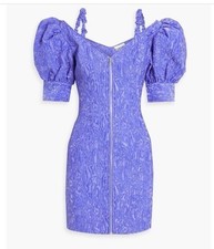 GANNI Blue Cloqué Mini Dress Cold Shoulder V-Neck Puff Sleeve Zip 36/Size 4
