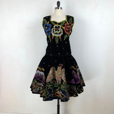Vtg 50s Mexican Black Velvet Sequin Hand Painted Top Skirt Full Circle Waist 28"