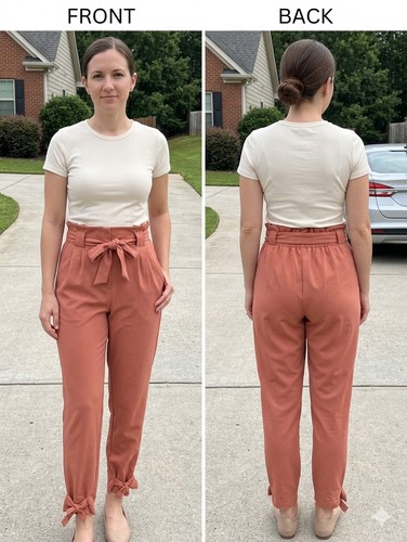 Grace Karin High Waist Paperbag Pants M Rust Terracotta Tie Ankle Tapered Work
