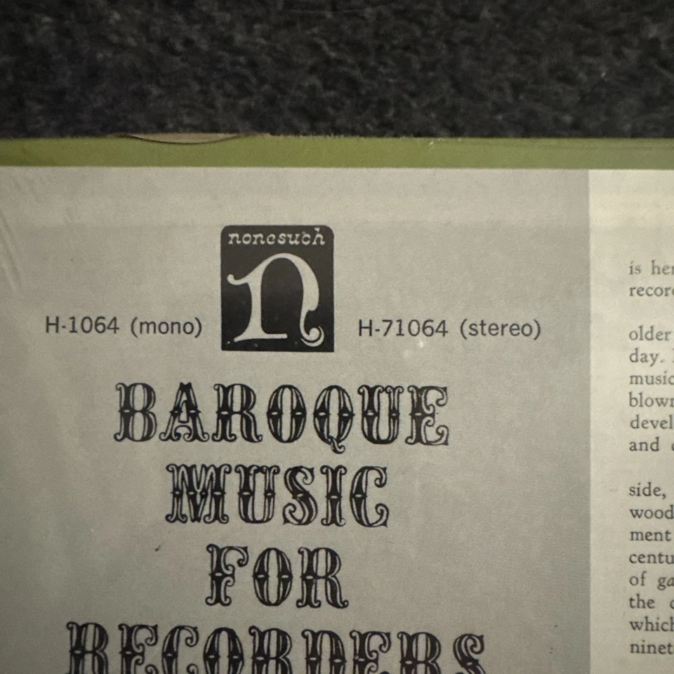 SEALED Baroque Music For Recorders Vinyl Record-H1064 (mono) H-71064. (stereo) - Image 2 of 3