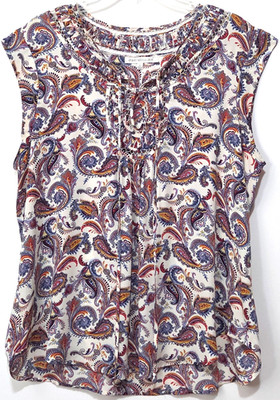 Daniel Rainn Blouse Multicolor Paisley Cap Sleeve Chest Tie Hi-Lo Hem.  Size XL