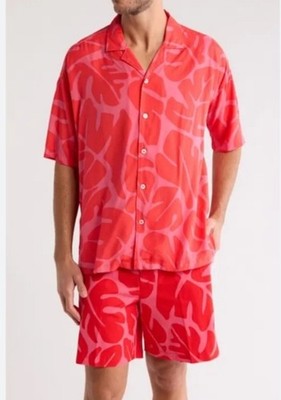Hugo Boss Drew Camp Button Up Shirt Mens XL Red Floral Lightweight