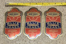 3 Vintage BELKNAP BLUE GRASS Labels Sign LOUISVILLE KENTUCKY Original