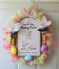 Handmade:Flower Fields Bunny Farm Easter Tulle Wreath-18 Inch-pink Green purple