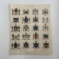 Antique Hand-Colored Engraving  London Livery Companies Heraldic Coats of Arms