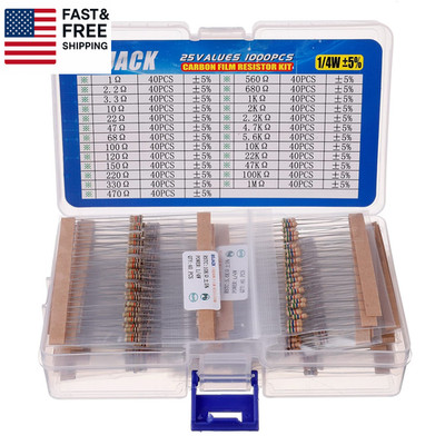 1000 Pcs 25 Values Resistor Kit 1 Ohm-1M Ohm with 5% 1/4W Carbon Film Resisto