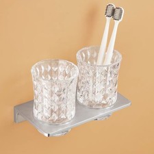 Brushed Nickel Brass Toothbrush Holders Bathroom Glass 2 Cups Wall Mounted