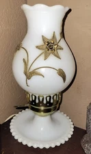 VTG 1900’s Milk Glass Hurricane Boudoir Lamp W/ Gold Flower Pattern -  Working 