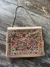 Vintage floral petit point embroidered tapestry kiss lock purse gold rope strap