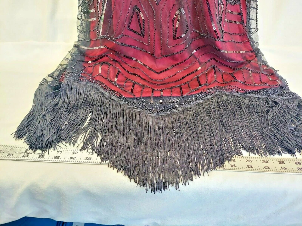 Gatsby Roaring 20s long black/Maroon Dinner Dress, Fringed swing strings, L/LX - Image 3 of 4