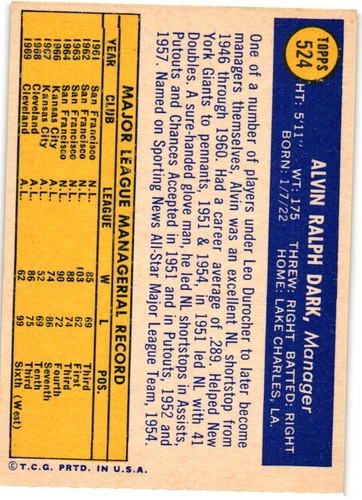 1970 Topps #524 Alvin Dark Cleveland Indians - Picture 2 of 2
