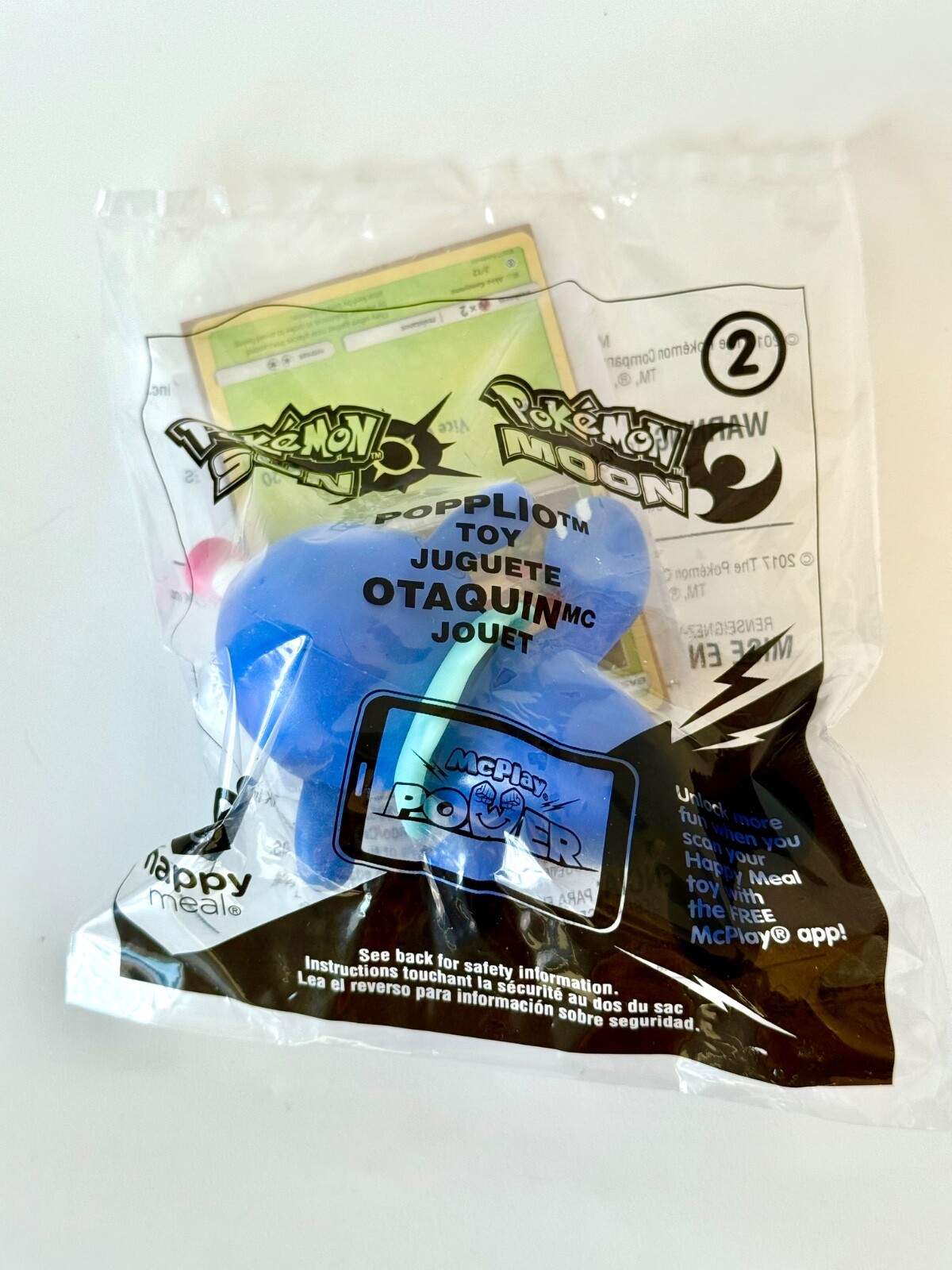 McDonald's Toy Pokemon Sun & Moon 2017 Popplio #2 w/ Card (Grubbin 2/12), Sealed
