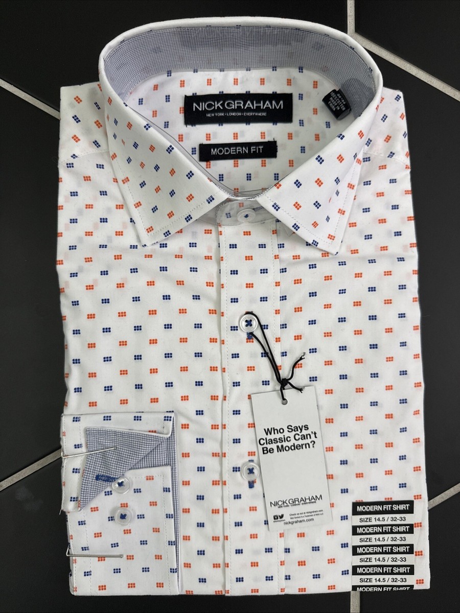 Nick Graham Modern Fit White Dress Shirt Blue & Orange Button-up Size 14.5/32-33 Nick Graham Modern Fit White Dress Shirt Blue & Orange Button-up Size 14.5/32-33
