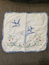 Vintage Small Embroidered Handmade (?)Table Dresser Top Linen Bird Bath 12 X 11
