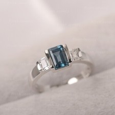 London Blue Topaz Ring 925 Sterling Silver Ring Emerald Cut Ring Engagement Ring