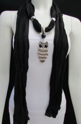 Women Black Scarf  Fashionable Necklace Super Soft Fabric Owl Pendant Charm