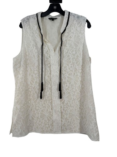 St. John Women's Cream Sleeveless Lace Lined Black Tassel Tie Blouse Size Large