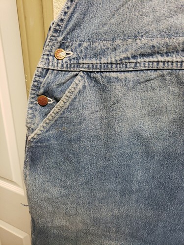 Round House Men Bib Overalls 48 X 27 Blue Faded Grunge Missing Hook Distressed - Picture 4 of 11