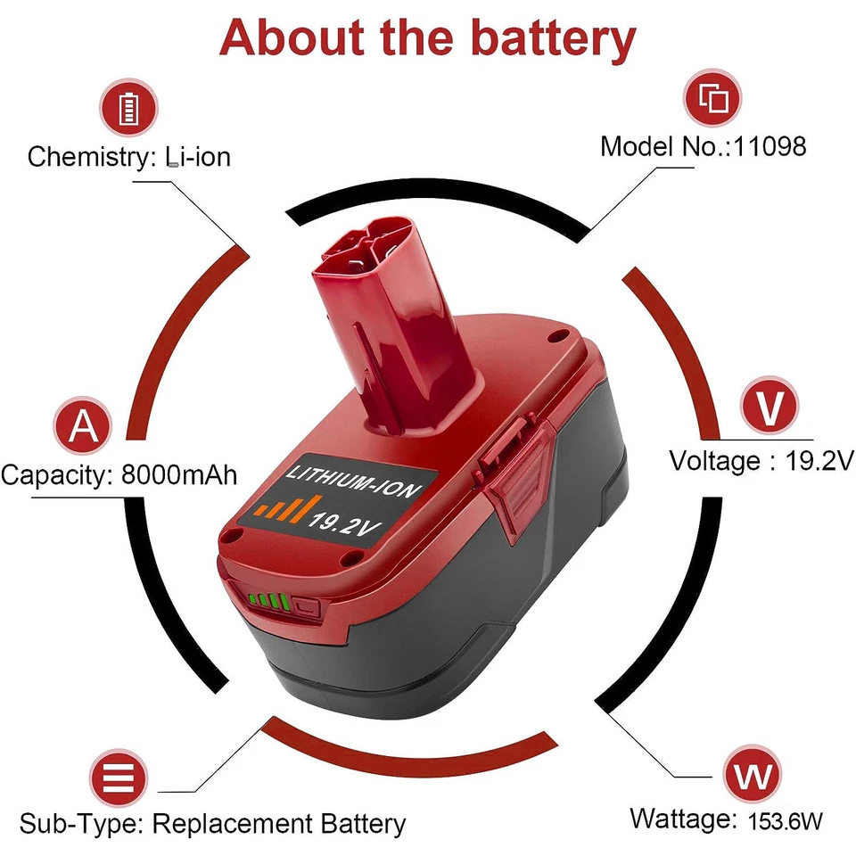 Paquete 8,0 Ah para batería Craftsman 19,2 voltios 11375 C3 DieHard 130279005 130279003 Foto 4 de 4