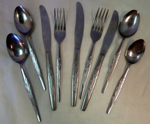 9 pcs Vintage Mid Century Modern Wheat Design Stainless Steel Flatware - Foto 2 di 5