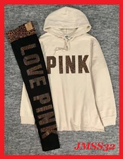 Victoria's Secret Pink Leopard Campus Hoodie + Leggings Set Vanilla Bean Black L