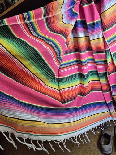 Large Mexican Blanket Pink Blue Yellow Sarape Serape 52" X 66" - Picture 2 of 3