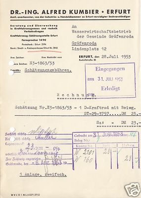 Invoice, Dr.-Ing Alfred Kumbier, Motor Vehicle Estimator, Erfurt, 28.7.53