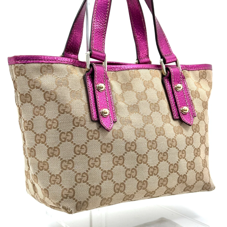GUCCI Bolso de Mano GG Lona Beige Rosa Cuero Pequeño Cartera Auténtico Foto 3 de 4