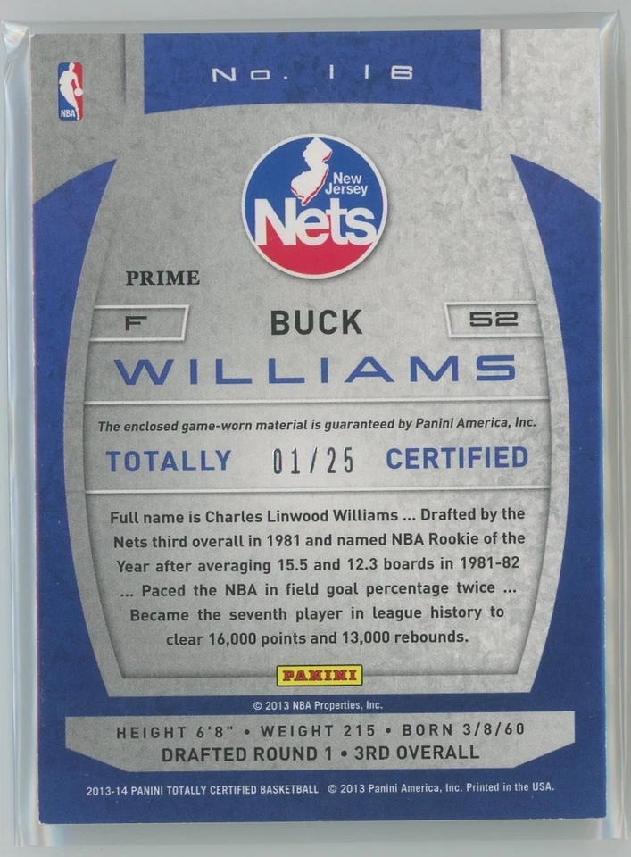 2013-14 Totally Certified Buck Williams Materials Jersey Patch Blue Prime 1/25 - Image 2 of 2