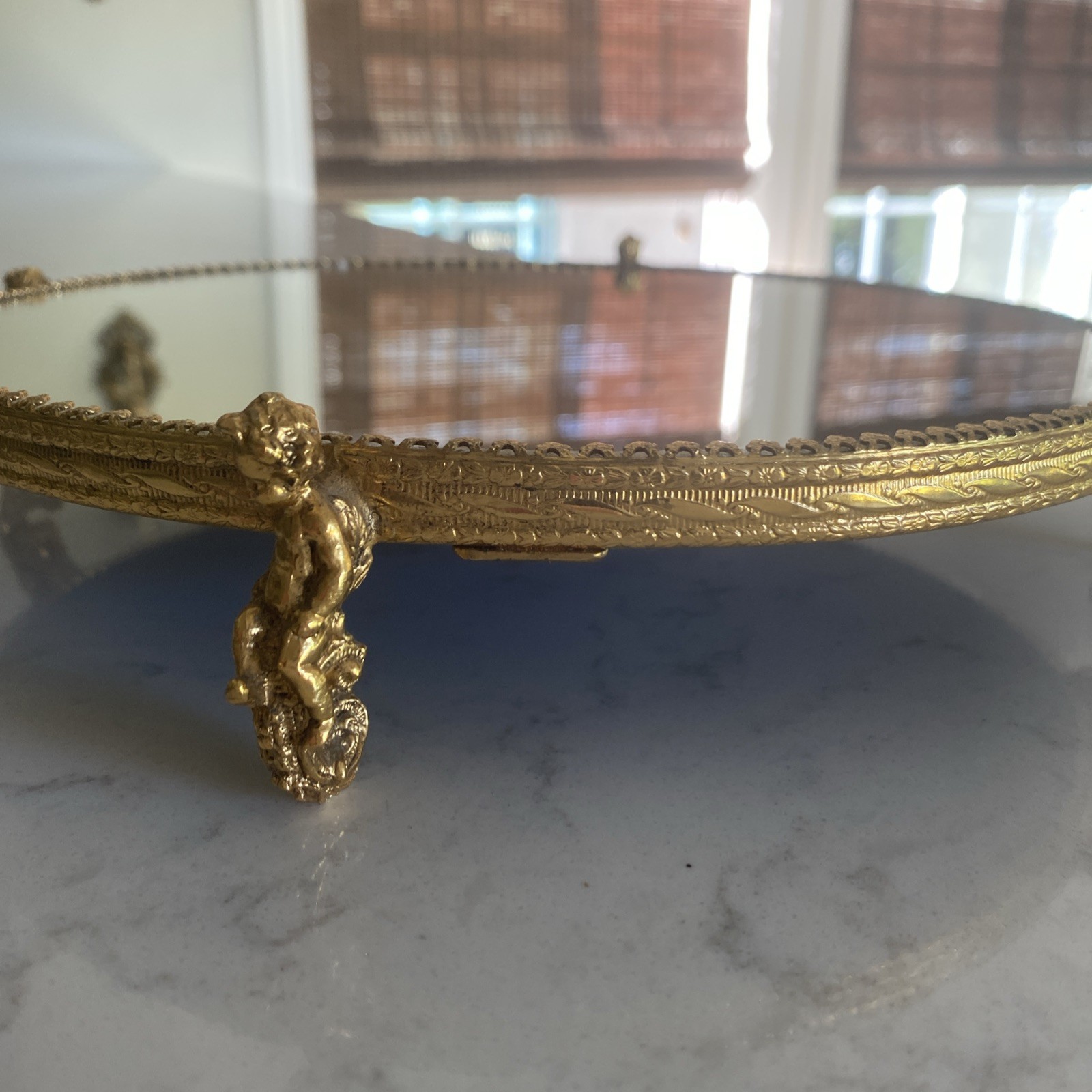 Vintage Vanity Tray Ormolu Gold Angel Cherub Footed Round Mirror 10” Style Built