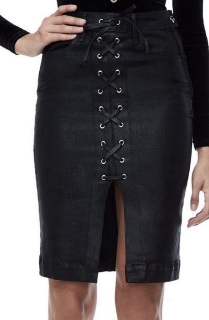 Good American Corset Lace Up Black Coated Denim Pencil Midi Skirt Sz 6/28