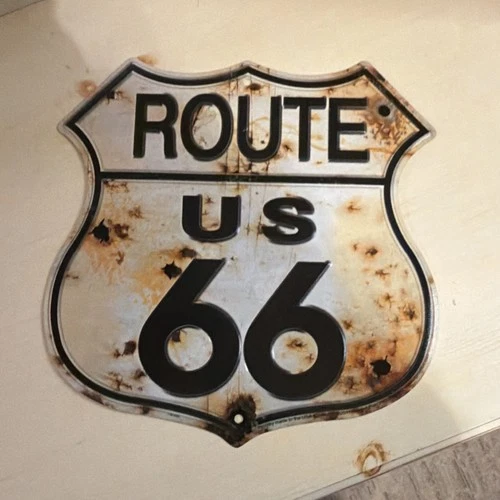 Route 66 Gas & Oil Metal Sign Vintage Style White Black Rust Advertising
