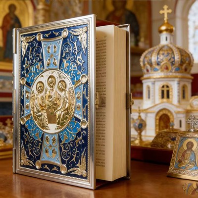 Vergoldete orthodoxe Evangelium Buchhülle Heilige Dreifaltigkeit Ikone Emaille Kirche blau