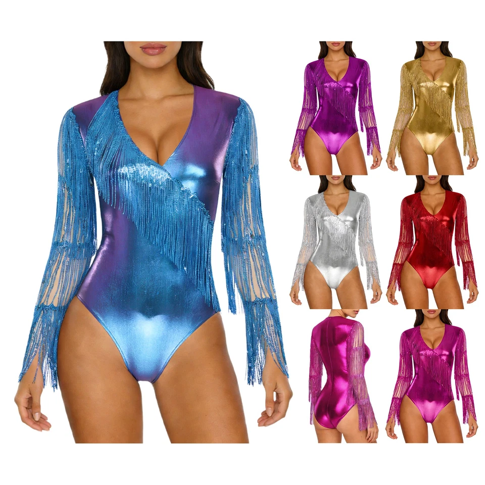 Damen Metallic Shiny Paillette Tassel V-Ausschnitt Mesh Langärmeliger Bodysuit - Bild 3 von 3