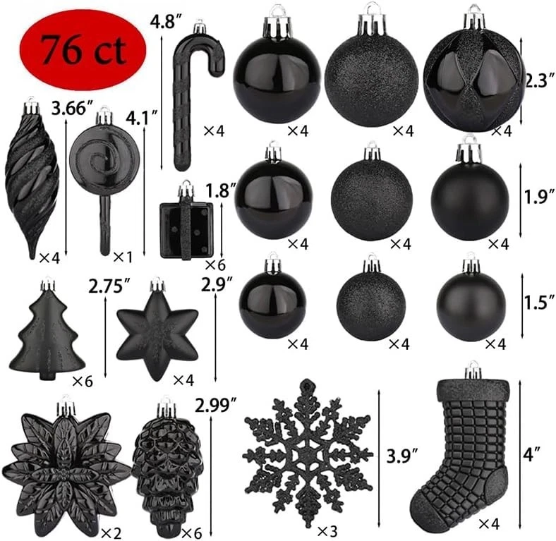 Juego de adornos para árbol de Navidad 76ct negro irrompible bolas de Navidad decoración Foto 2 de 4