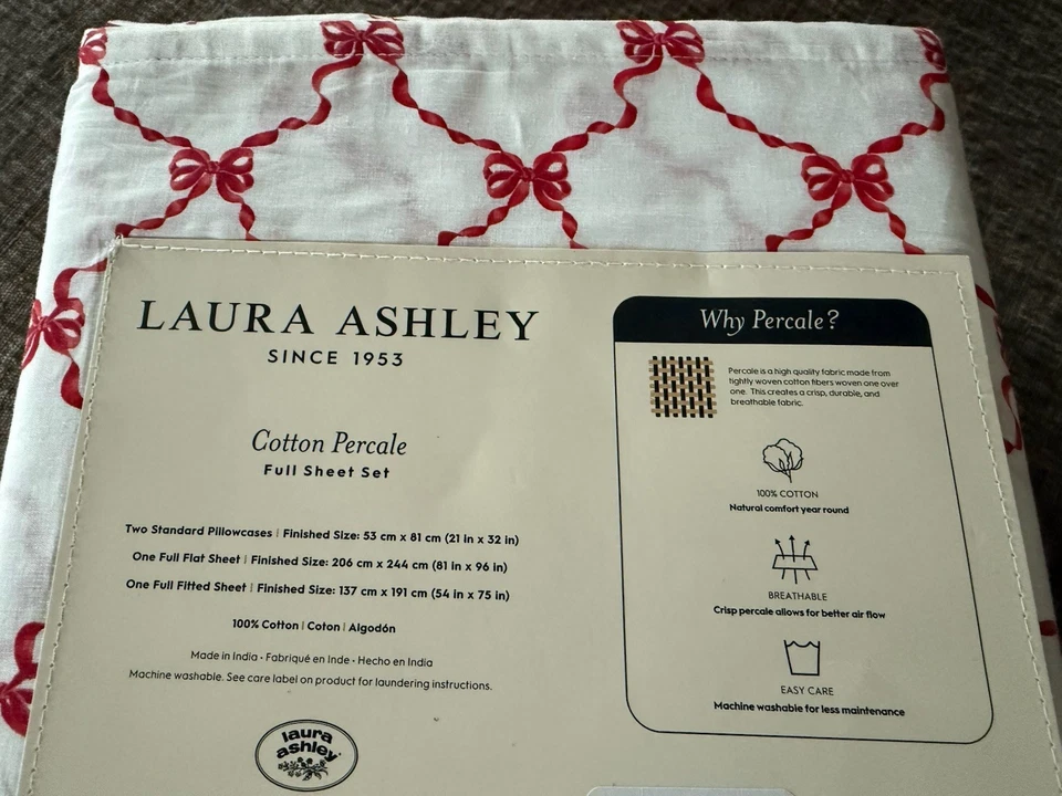 4pc Laura Ashley Full Sheet Set Cottage BOW RIBBON Red & White, New - Image 2 of 2