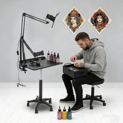 Salon Rolling Workstation with LED Light, Adjustable Height Workstation Black