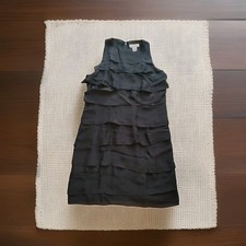 Kenar Black Silk Dress Women Size 10 Ruffle Tiered Sleeveless Sheer Zip Back LBD